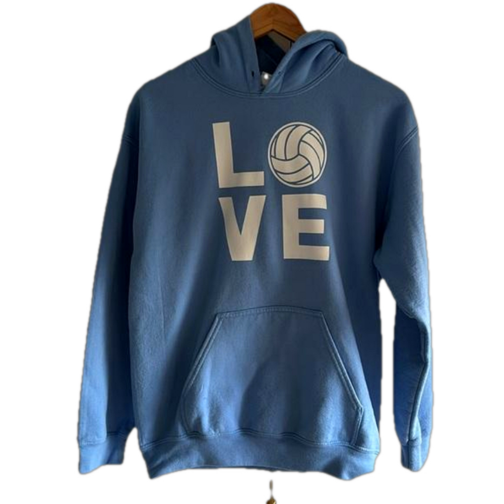 Love Volleyball Light Blue Hoodie Gildan, size Medium fits Small